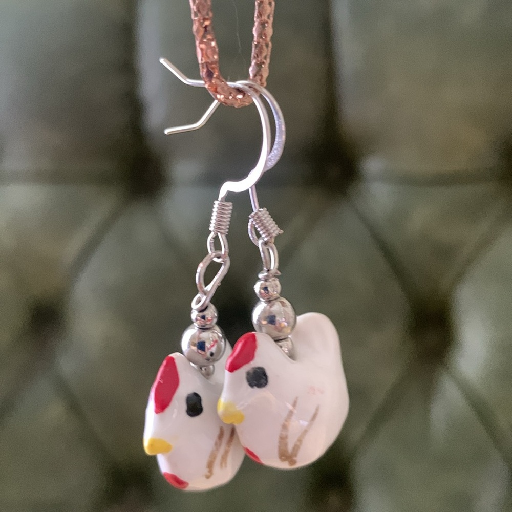 Chicken Earrings Handmade Hancrafted Pierced Wire Hook Silvertone Beads